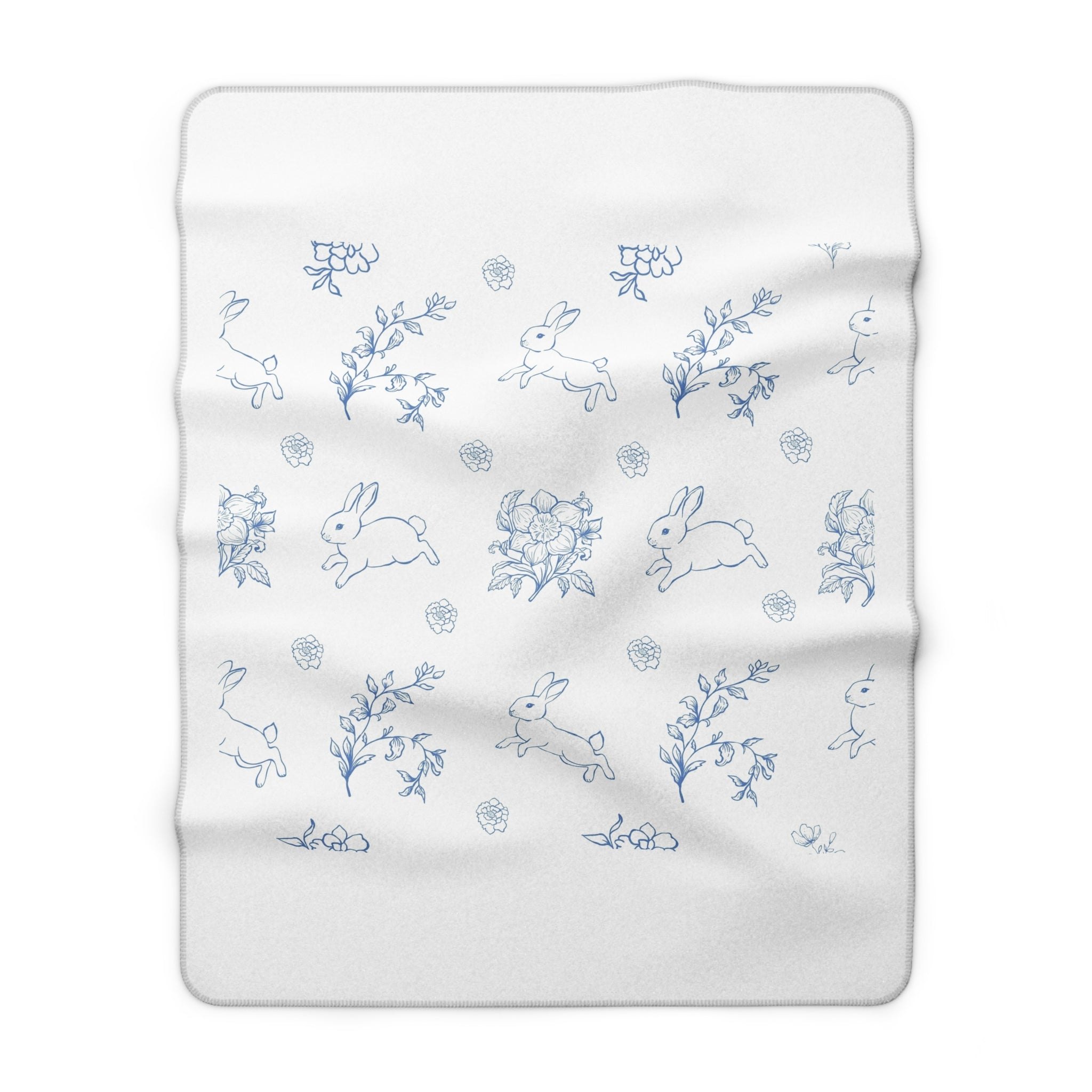 Blue Bunny Floral Pattern Sherpa Blanket | Nursery Throw, Baby Shower