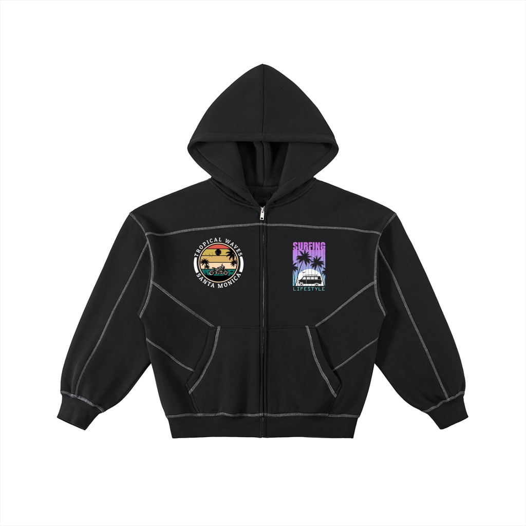 Contrast-Stitched Boxy Fleece Zip Hoodie