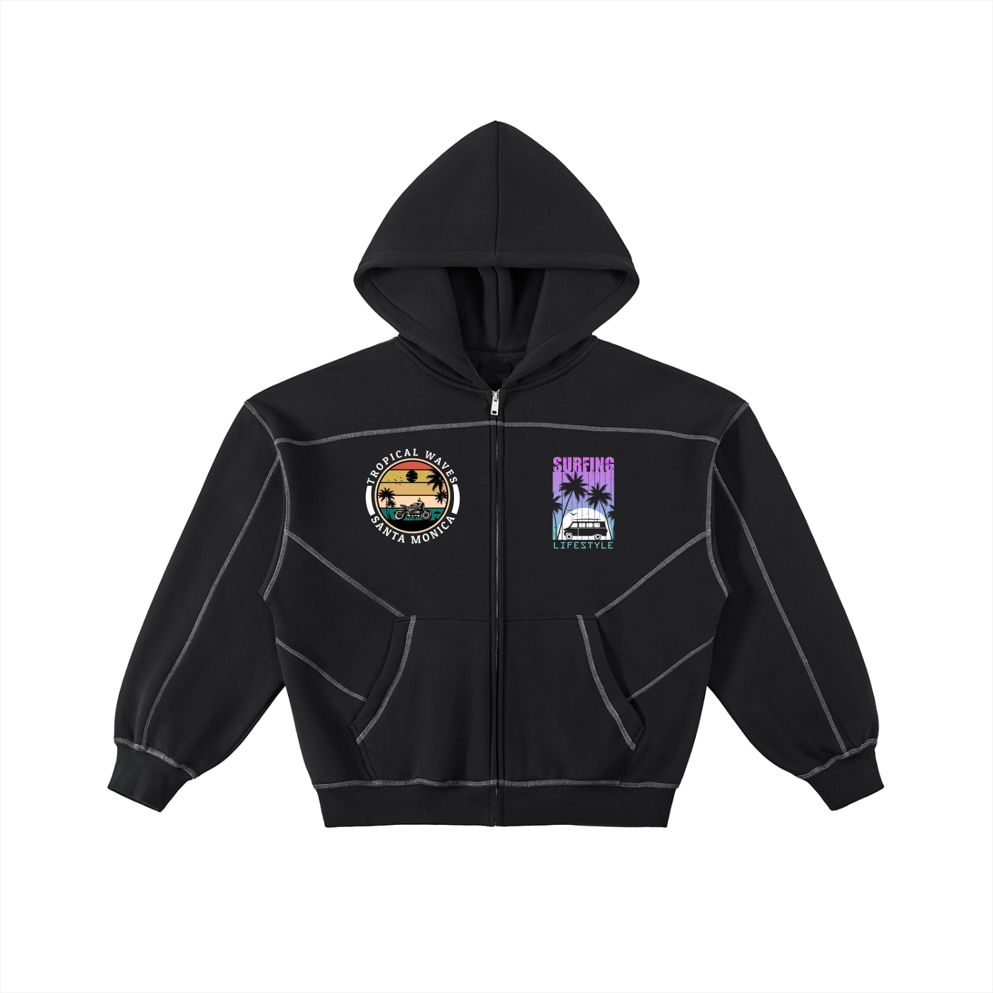 Contrast-Stitched Boxy Fleece Zip Hoodie