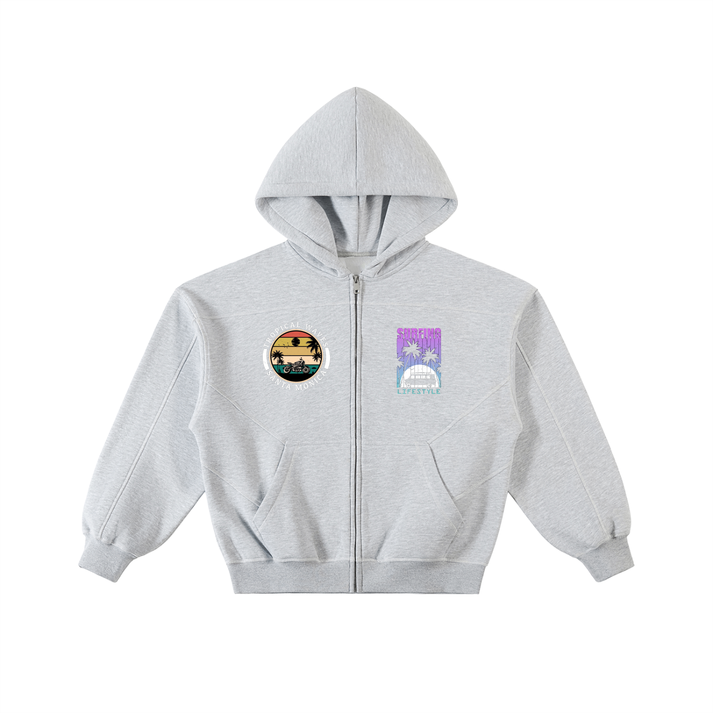 Contrast-Stitched Boxy Fleece Zip Hoodie